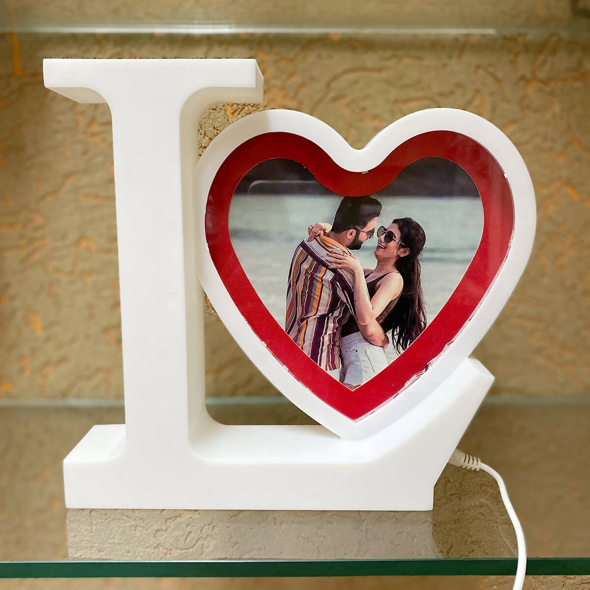 Personalized Customize Magic Mirror Cum Photo I Love You Heart Shape Tabletop Frame with LED Light - White