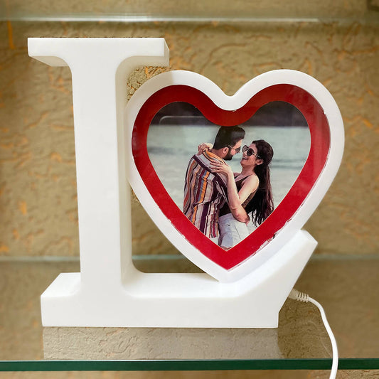 Personalized Customize Magic Mirror Cum Photo I Love You Heart Shape Tabletop Frame with LED Light - White