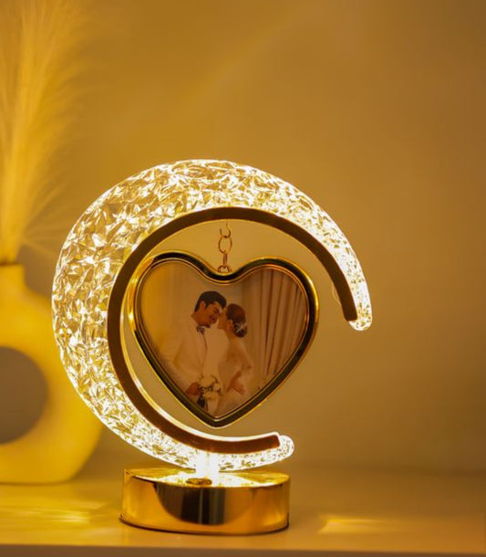 JNKTRENDS LED Crystal Moon Photo Frame Night Lamp/Table Lamp, Heart-Shaped Photo Display on Both Side, 21 cm, 3 Colour Changing Modes, Touch Control