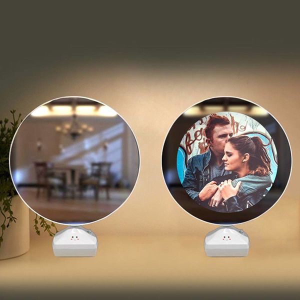 Round Magic Mirror Tabletop Customized Photo Frame (White) For Valentines Day Gifts, Anniversary, Birthday, 25L x 20W Centimeter