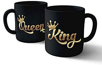 Precious Gifts King King Queen Printed Black Ceramic Coffee and Tea Mug Gifts for Anniversary/Couple/Wedding Set of 2