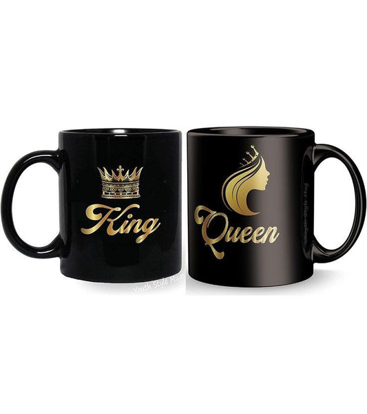 Precious Gifts King King Queen Printed Black Ceramic Coffee and Tea Mug Gifts for Anniversary/Couple/Wedding Set of 2