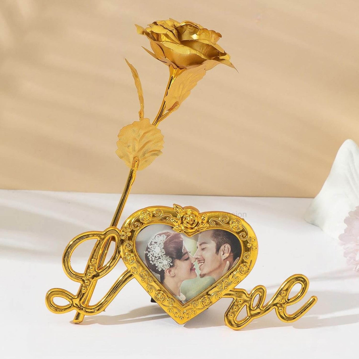 Love Golden Rose Showpiece Gift for Girlfriend Boyfriend Artificial Gold Roses Flower with Love Photo Frame Stand for Table Valentine's Decoration Romantic Gifts for Valentine Day Birthday