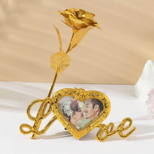 Love Golden Rose Showpiece Gift for Girlfriend Boyfriend Artificial Gold Roses Flower with Love Photo Frame Stand for Table Valentine's Decoration Romantic Gifts for Valentine Day Birthday