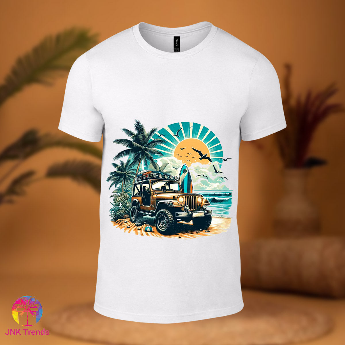 Beach Camoing In Car- Printed White Tshirt