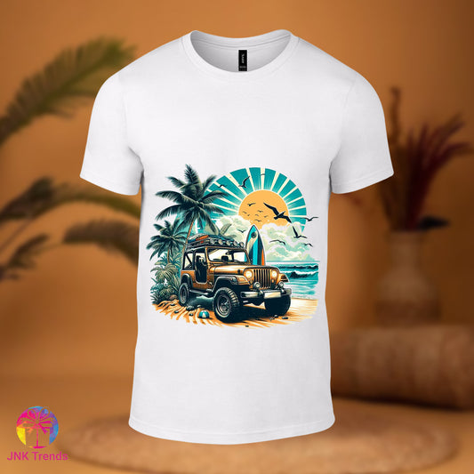 Beach Camoing In Car- Printed White Tshirt