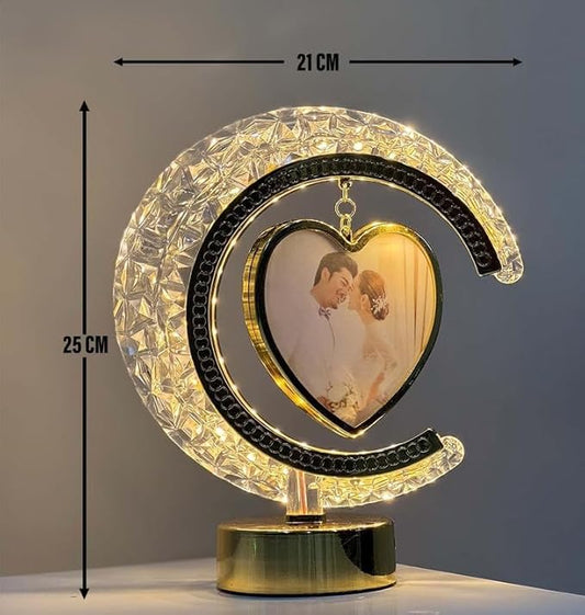 JNKTRENDS LED Crystal Moon Photo Frame Night Lamp/Table Lamp, Heart-Shaped Photo Display on Both Side, 21 cm, 3 Colour Changing Modes, Touch Control