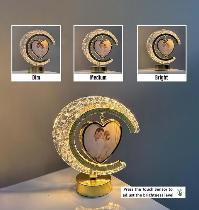JNKTRENDS LED Crystal Moon Photo Frame Night Lamp/Table Lamp, Heart-Shaped Photo Display on Both Side, 21 cm, 3 Colour Changing Modes, Touch Control