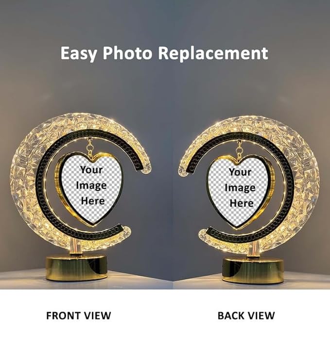 JNKTRENDS LED Crystal Moon Photo Frame Night Lamp/Table Lamp, Heart-Shaped Photo Display on Both Side, 21 cm, 3 Colour Changing Modes, Touch Control