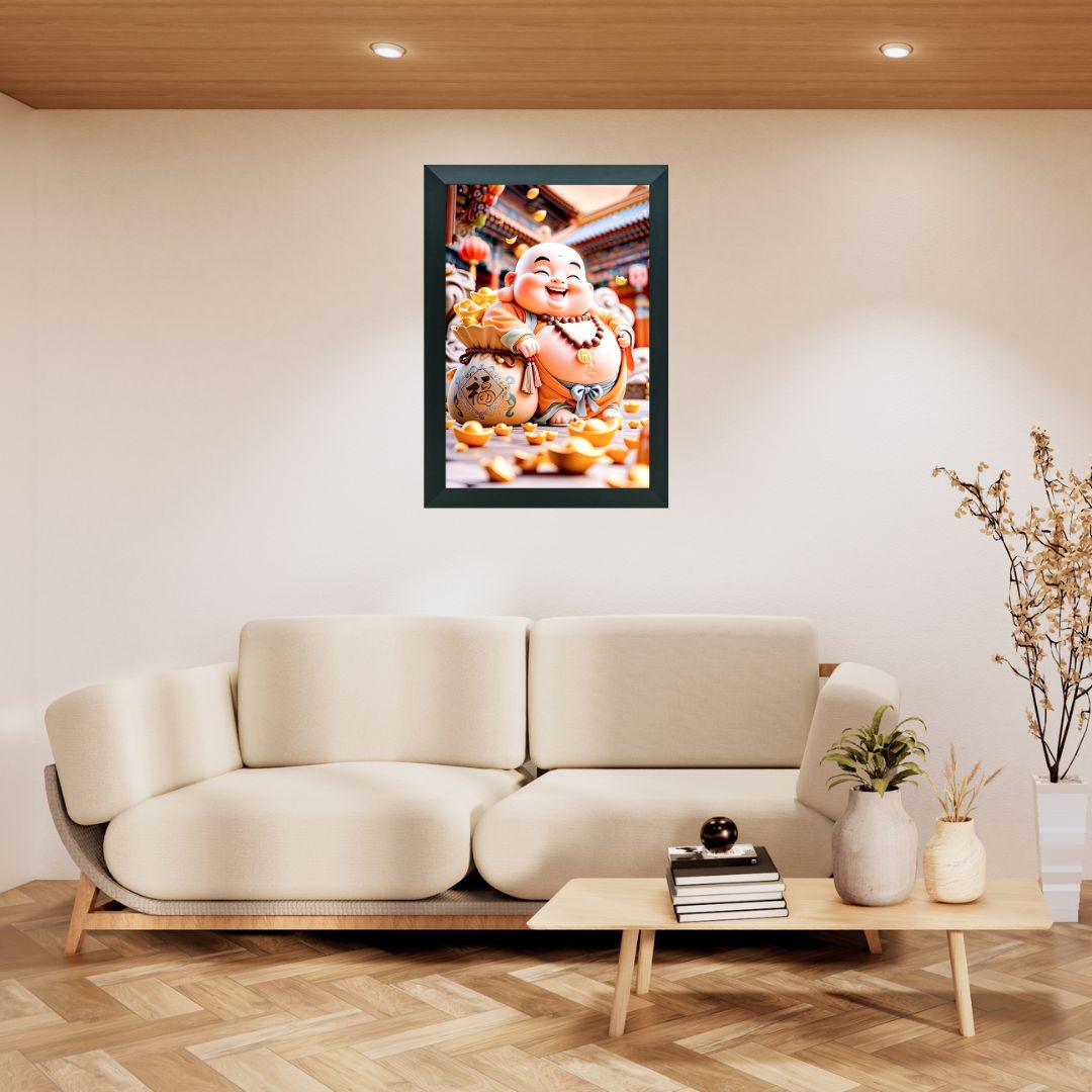 "Laughing Buddha with Gold Coins Framed Wall Art™ – Symbol of Prosperity & Happiness"