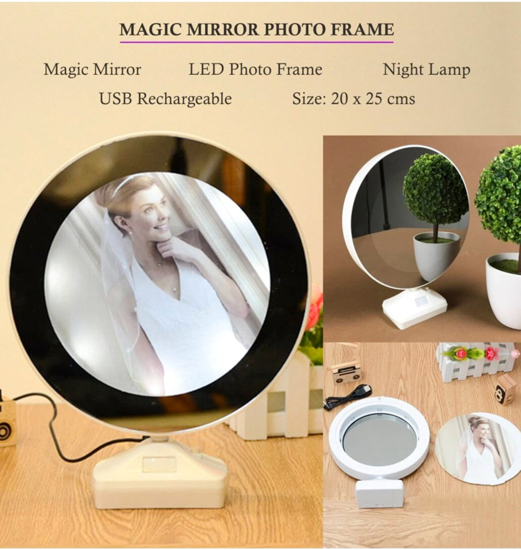 Round Magic Mirror Tabletop Customized Photo Frame (White) For Valentines Day Gifts, Anniversary, Birthday, 25L x 20W Centimeter