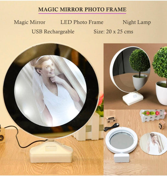 Round Magic Mirror Tabletop Customized Photo Frame (White) For Valentines Day Gifts, Anniversary, Birthday, 25L x 20W Centimeter