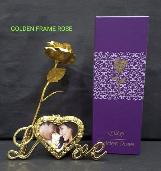 Love Golden Rose Showpiece Gift for Girlfriend Boyfriend Artificial Gold Roses Flower with Love Photo Frame Stand for Table Valentine's Decoration Romantic Gifts for Valentine Day Birthday