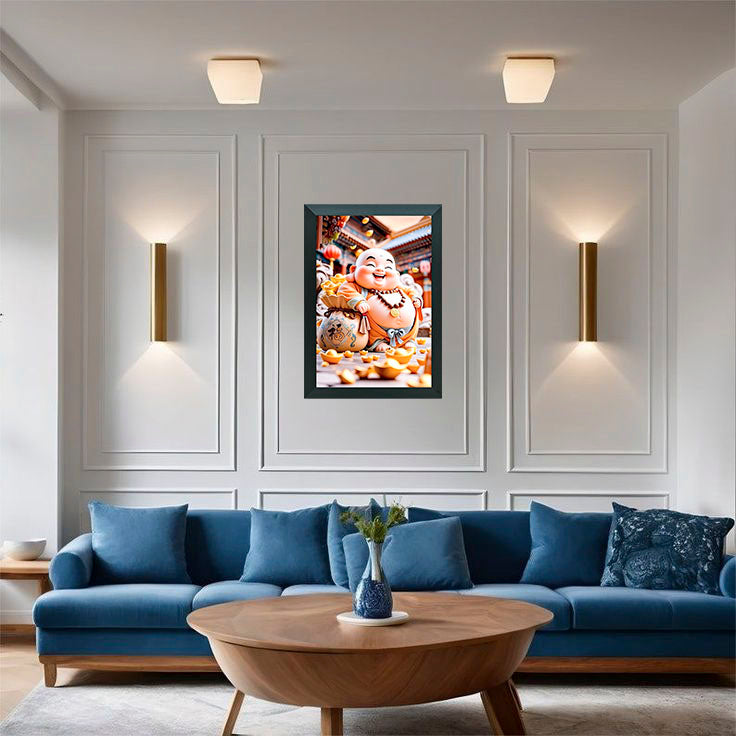 "Laughing Buddha with Gold Coins Framed Wall Art™ – Symbol of Prosperity & Happiness"