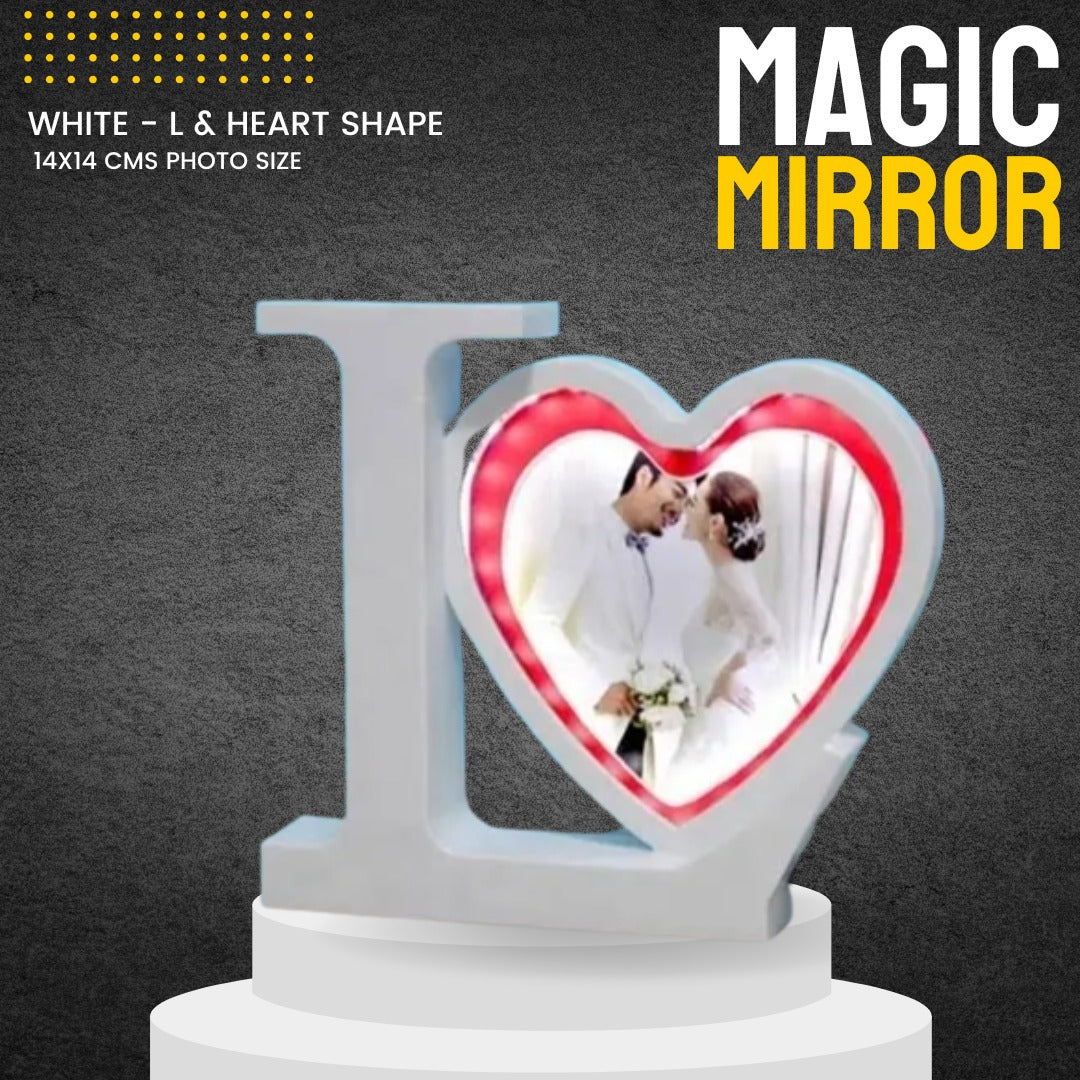Personalized Customize Magic Mirror Cum Photo I Love You Heart Shape Tabletop Frame with LED Light - White