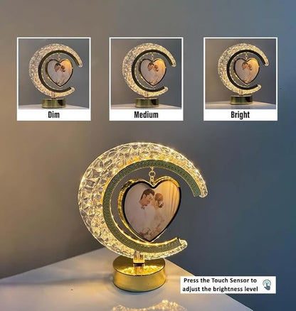JNKTRENDS LED Crystal Moon Photo Frame Night Lamp/Table Lamp, Heart-Shaped Photo Display on Both Side, 21 cm, 3 Colour Changing Modes, Touch Control