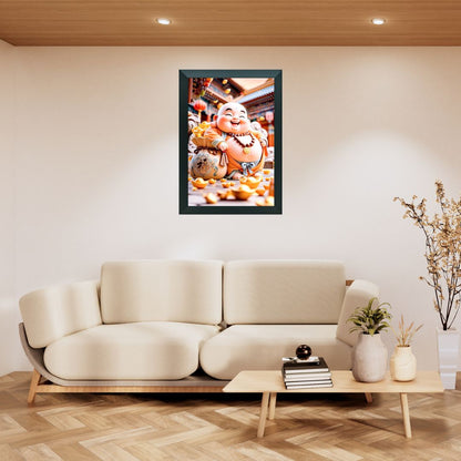 "Laughing Buddha with Gold Coins Framed Wall Art™ – Symbol of Prosperity & Happiness"