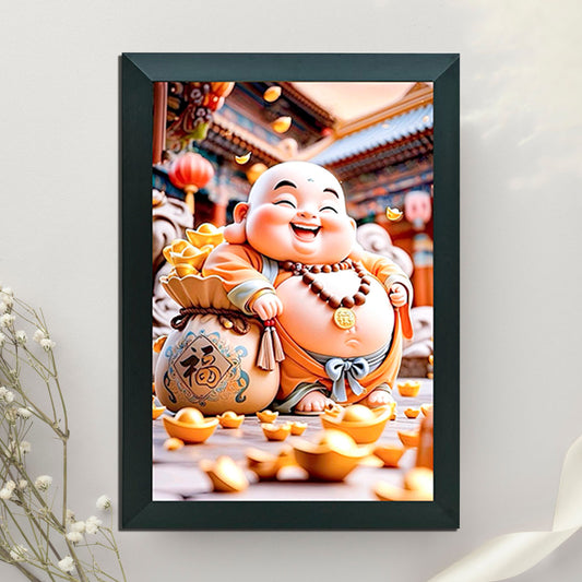 "Laughing Buddha with Gold Coins Framed Wall Art™ – Symbol of Prosperity & Happiness"