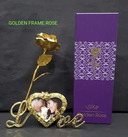 Love Golden Rose Showpiece Gift for Girlfriend Boyfriend Artificial Gold Roses Flower with Love Photo Frame Stand for Table Valentine's Decoration Romantic Gifts for Valentine Day Birthday