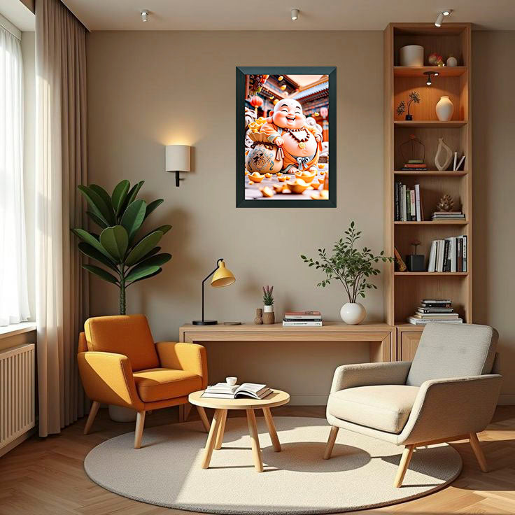 "Laughing Buddha with Gold Coins Framed Wall Art™ – Symbol of Prosperity & Happiness"